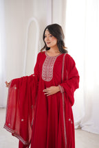 Red Pure Vichitra Silk Flared Anarkali Gown Set With Dupatta