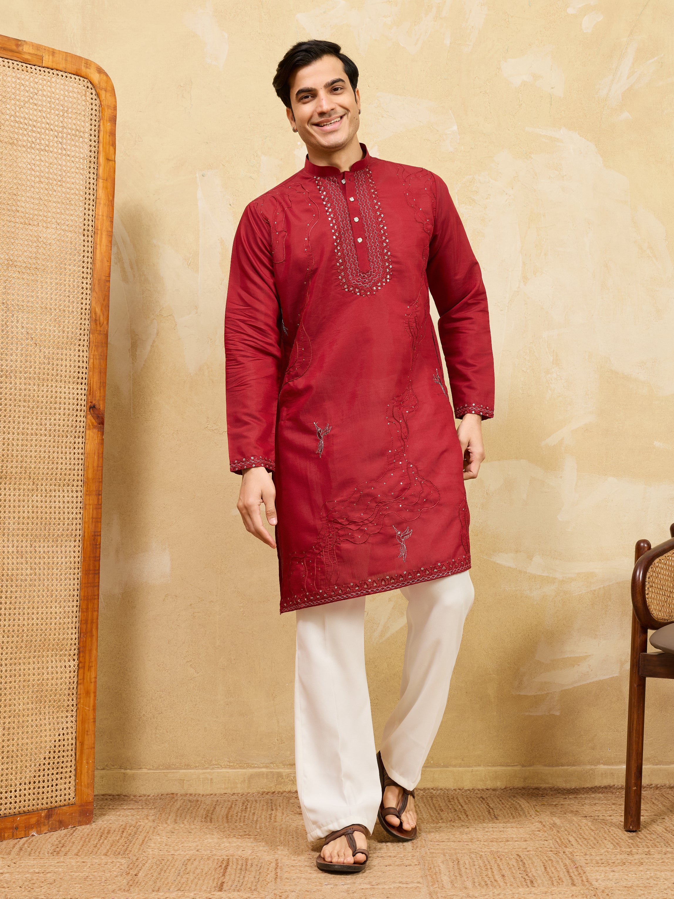 Royal Red Viscose Silk Kurta & Pant Set with Rich Embroidery
