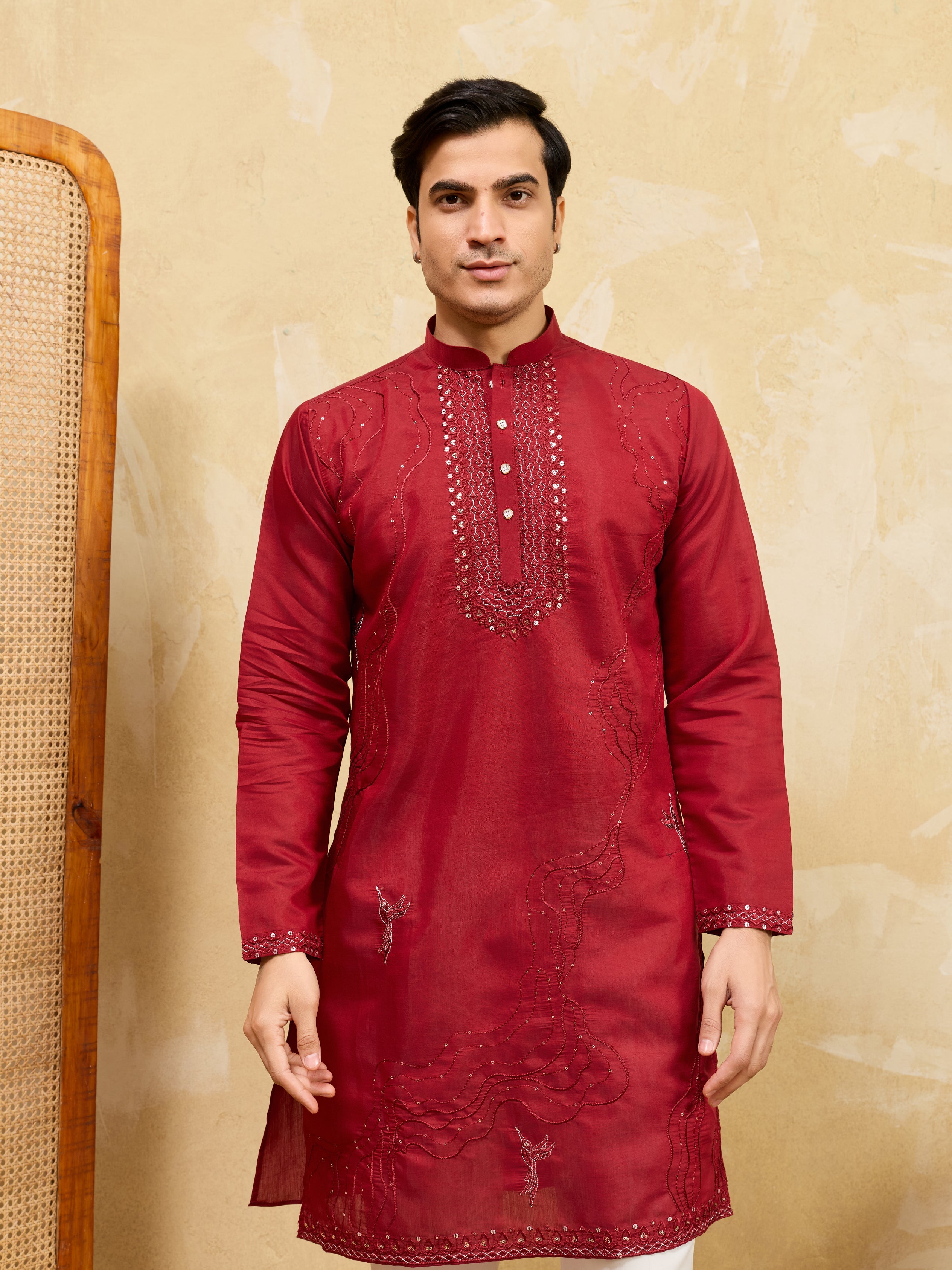 Royal Red Viscose Silk Kurta & Pant Set with Rich Embroidery
