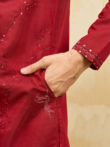 Royal Red Viscose Silk Kurta & Pant Set with Rich Embroidery
