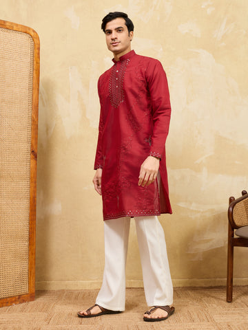 Royal Red Viscose Silk Kurta & Pant Set with Rich Embroidery
