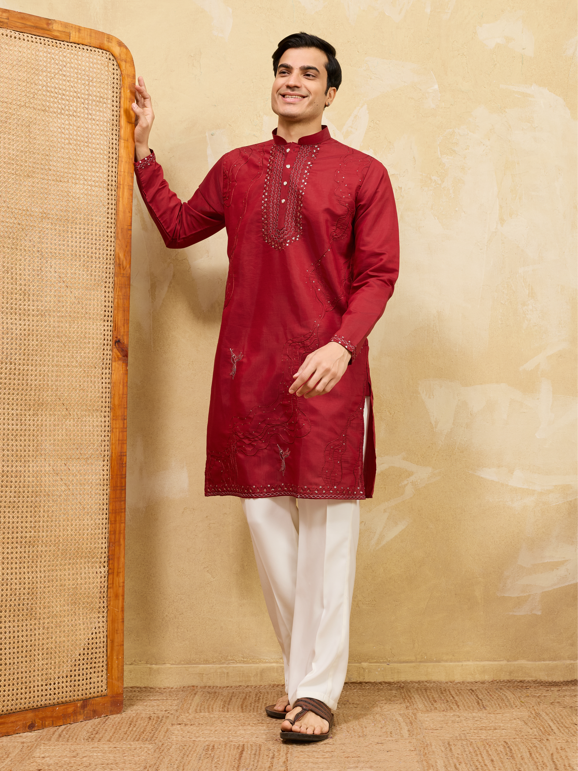 Royal Red Viscose Silk Kurta & Pant Set with Rich Embroidery
