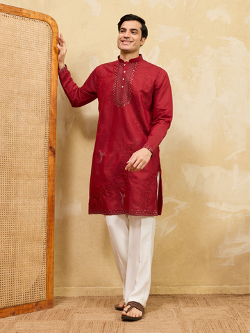 Royal Red Viscose Silk Kurta & Pant Set with Rich Embroidery
