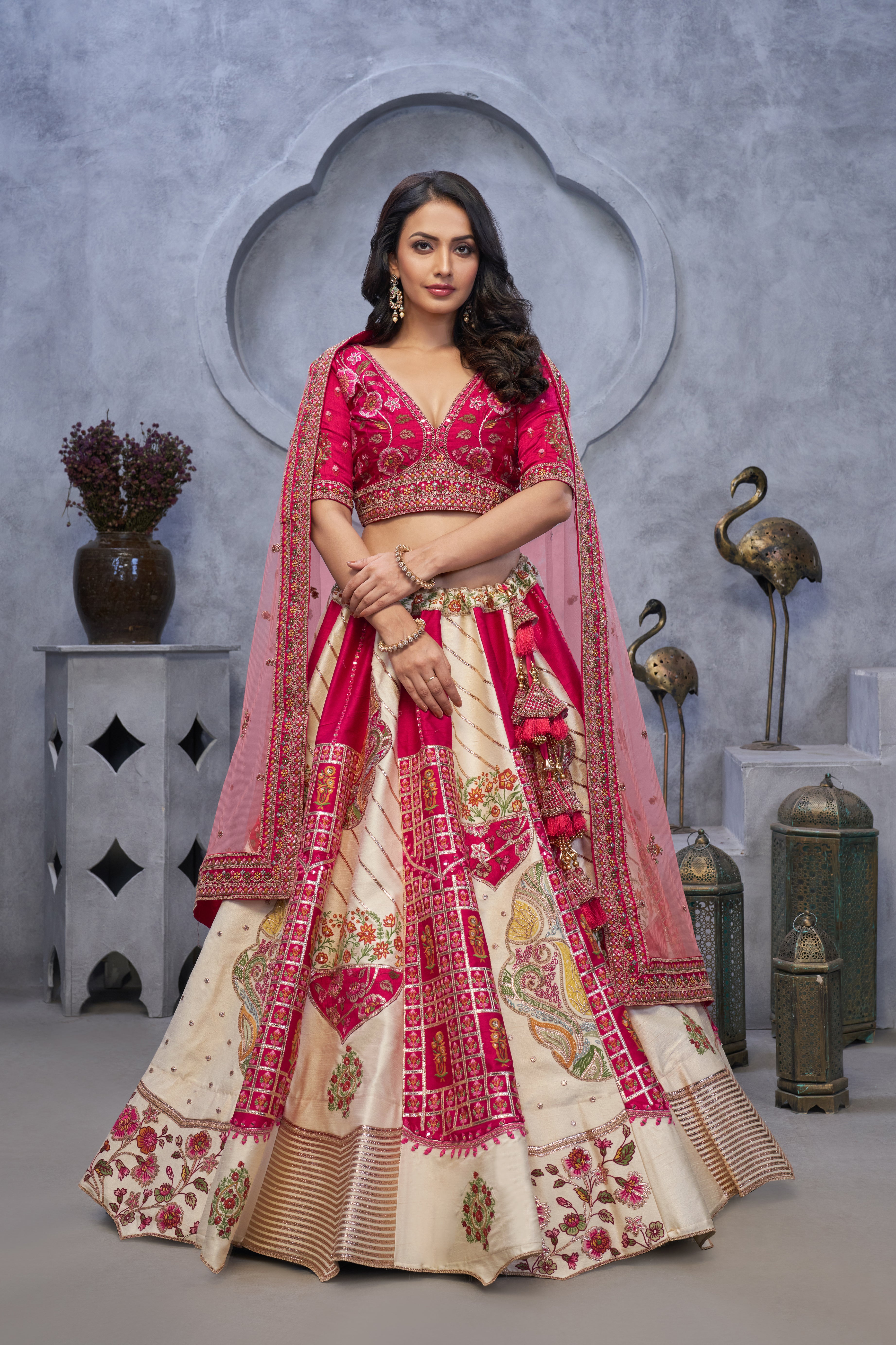 Red and White Raw Silk Lehenga Choli with Pink Dupatta
