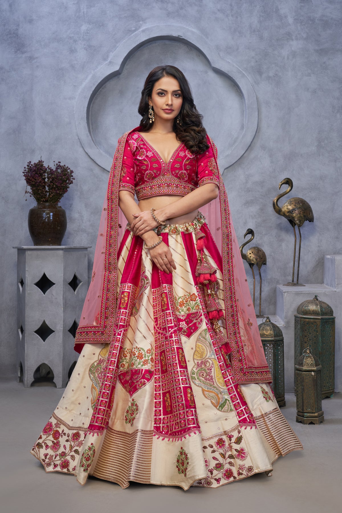 Red and White Raw Silk Lehenga Choli with Pink Dupatta