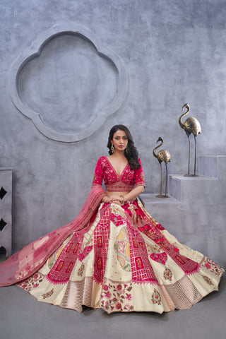 Red and White Raw Silk Lehenga Choli with Pink Dupatta