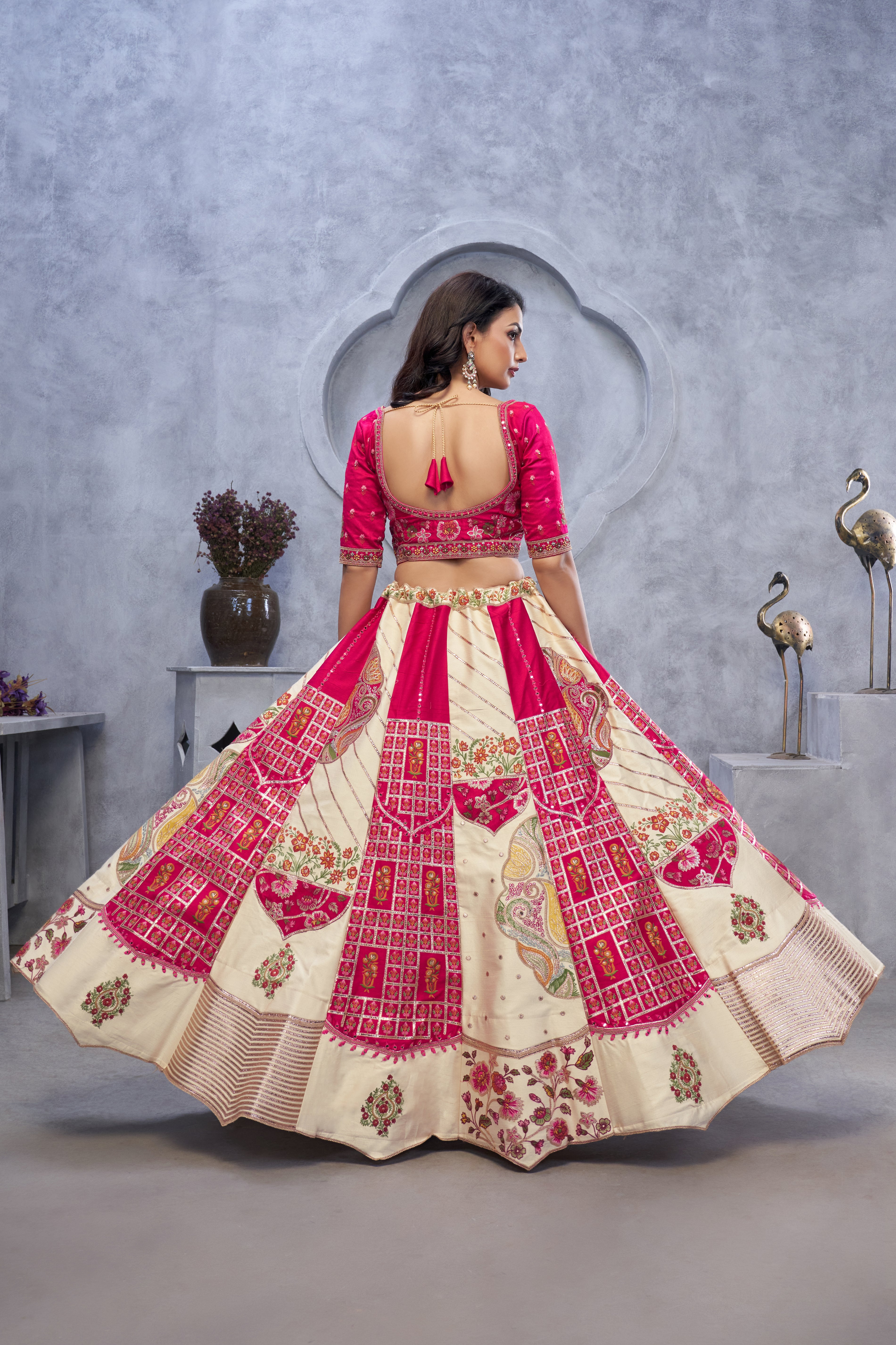 Red and White Raw Silk Lehenga Choli with Pink Dupatta