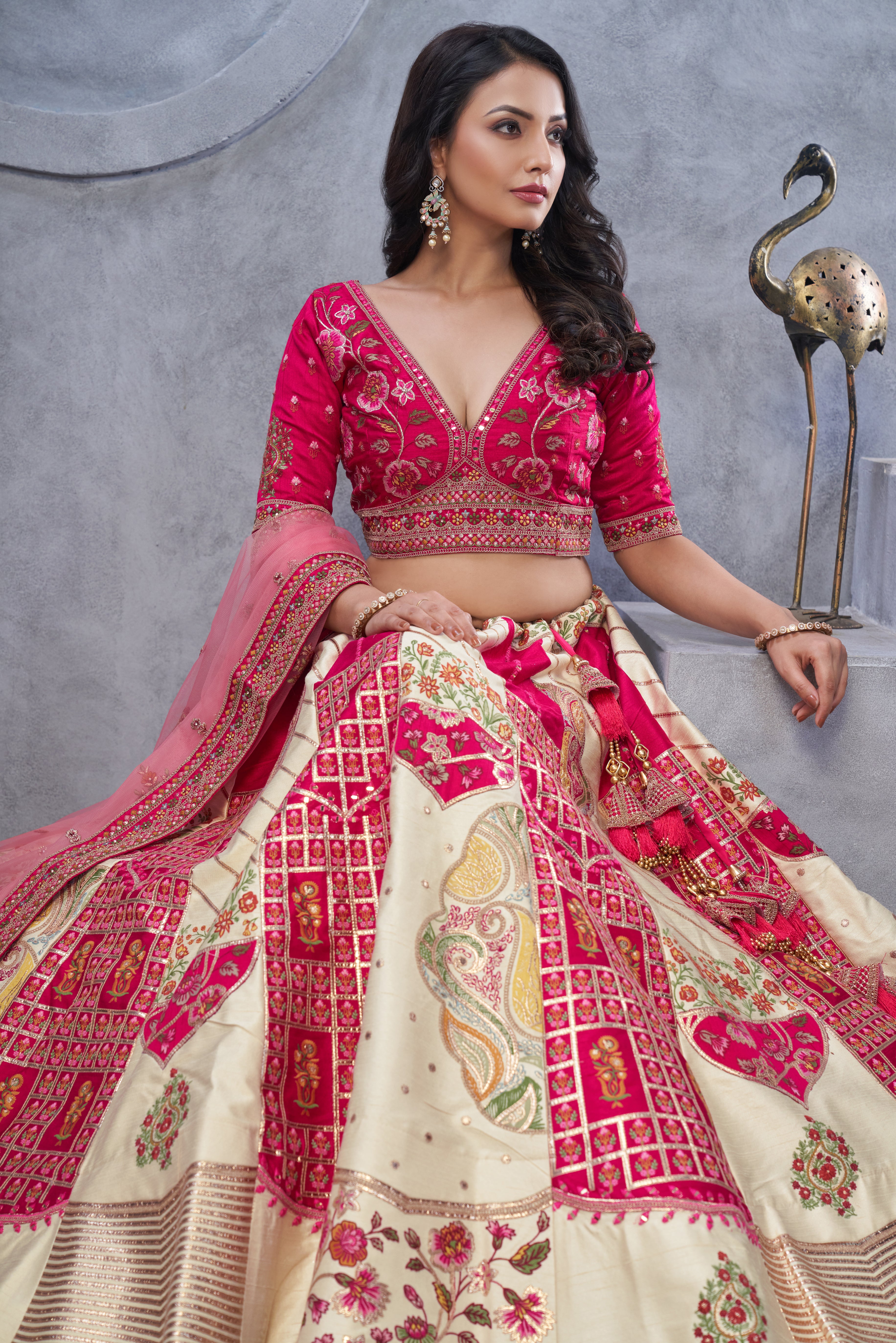 Red and White Raw Silk Lehenga Choli with Pink Dupatta
