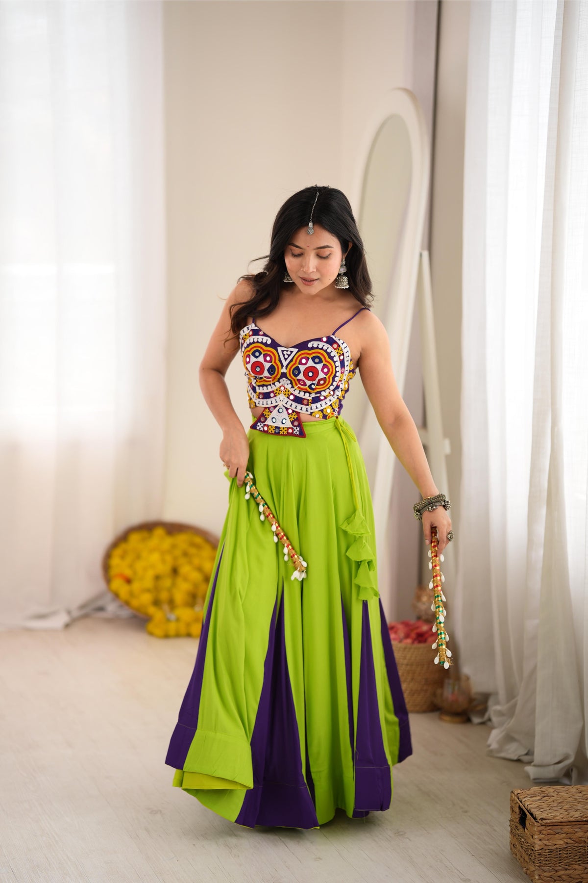 Green Reyon Gota Patti Flair Lehenga Set | Tulip Designer
