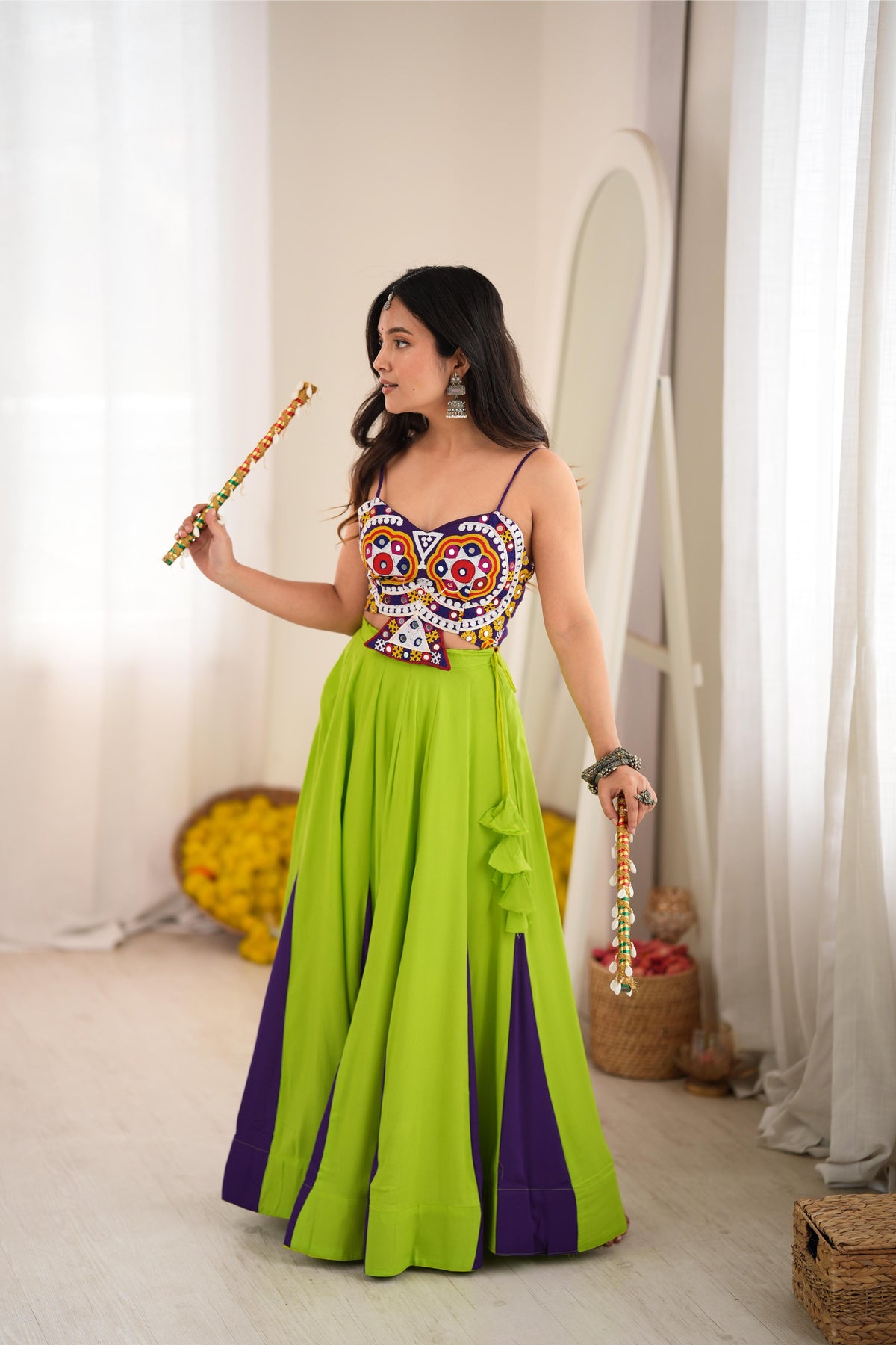 Green Reyon Gota Patti Flair Lehenga Set | Tulip Designer
