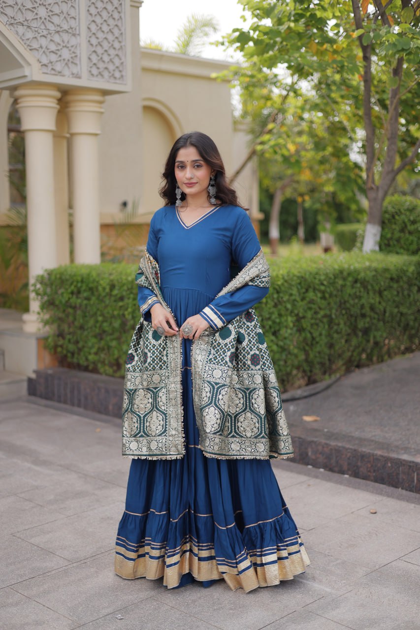 Designer Reyon Gown with Jacquard Dupatta | Tulip Designer
