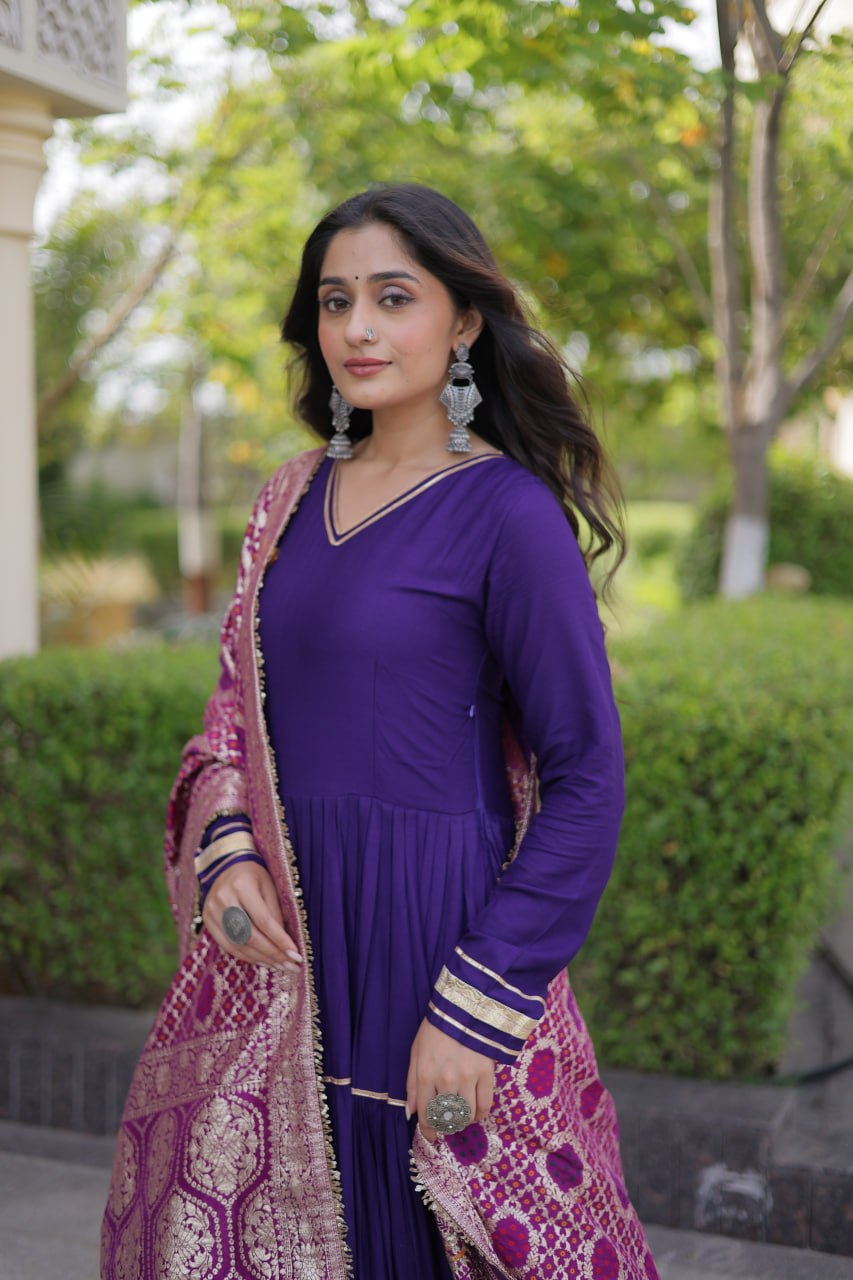Designer Reyon Gown with Jacquard Dupatta | Tulip Designer
