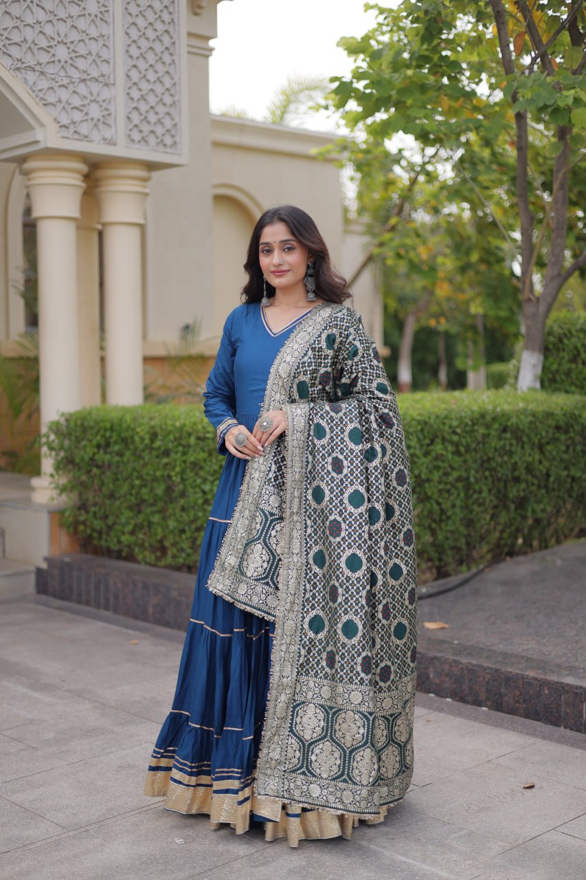 Designer Reyon Gown with Jacquard Dupatta | Tulip Designer
