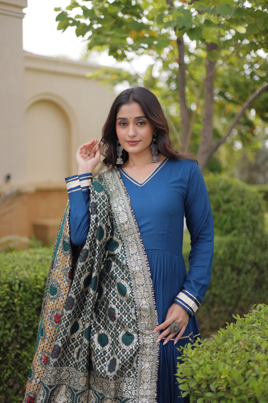 Designer Reyon Gown with Jacquard Dupatta | Tulip Designer

