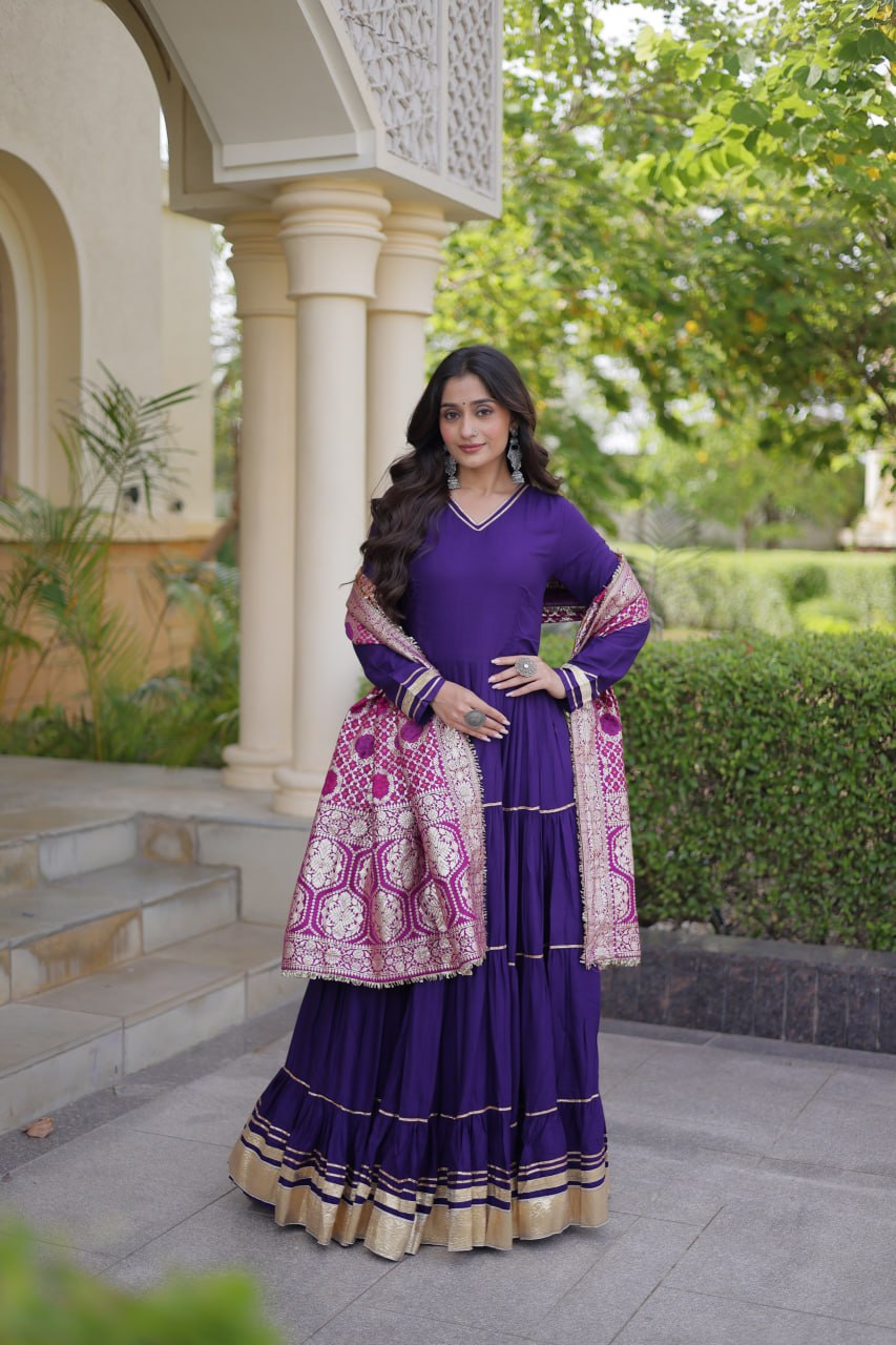 Designer Reyon Gown with Jacquard Dupatta | Tulip Designer
