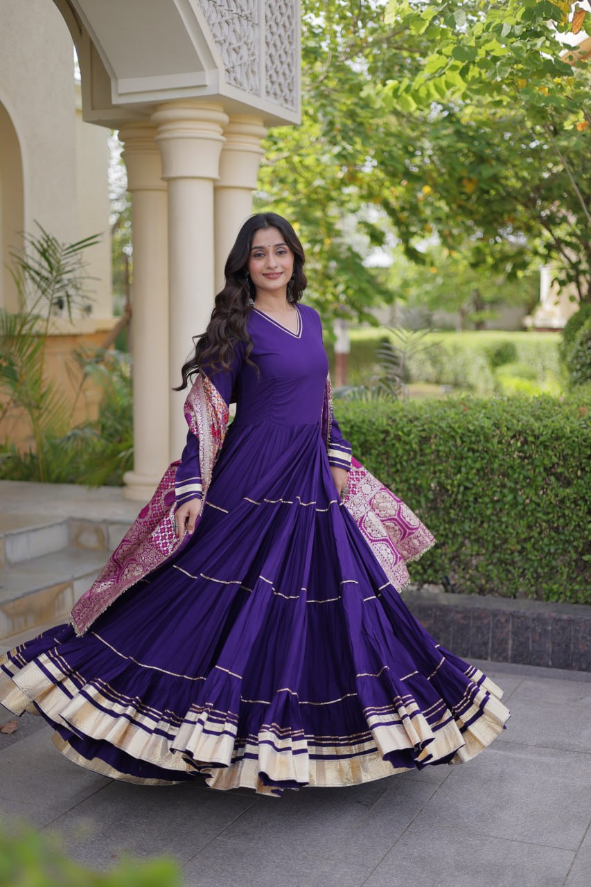 Designer Reyon Gown with Jacquard Dupatta | Tulip Designer
