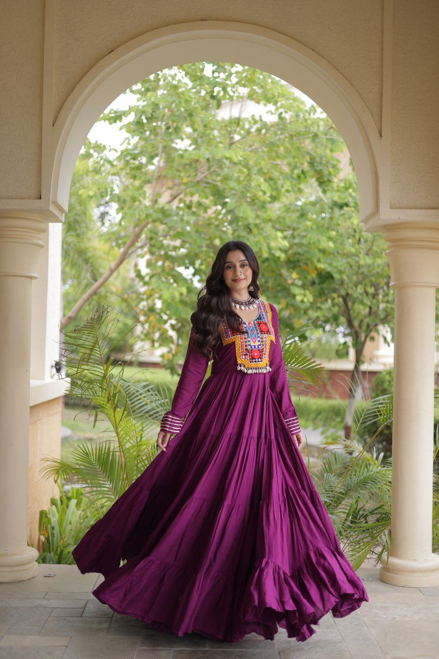Navratri Reyon Kutchi Embroidered Gown | Tulip Designer

