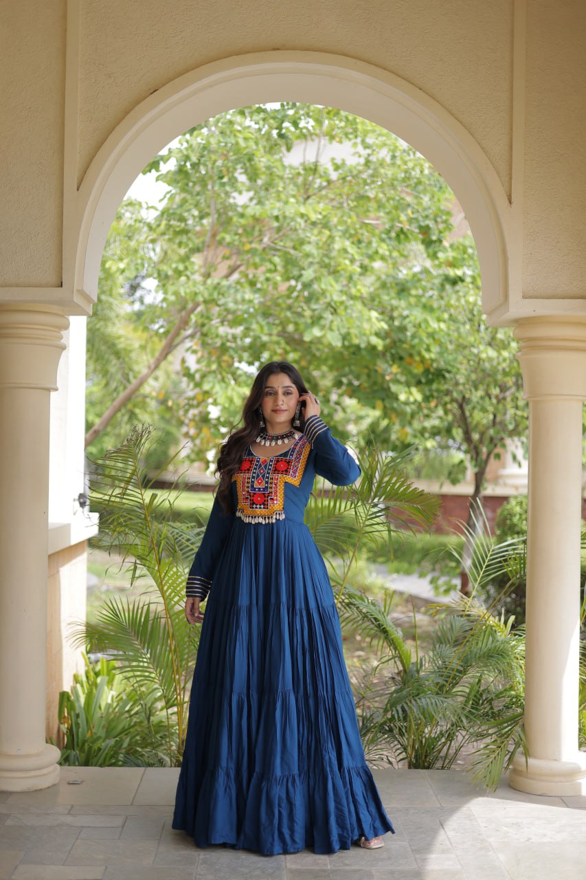 Navratri Reyon Kutchi Embroidered Gown | Tulip Designer
