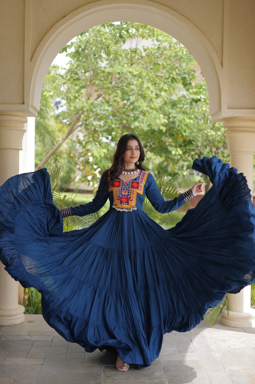 Navratri Reyon Kutchi Embroidered Gown | Tulip Designer
