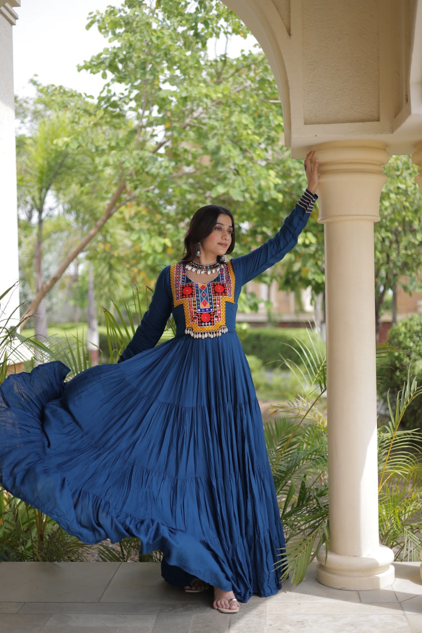 Navratri Reyon Kutchi Embroidered Gown | Tulip Designer
