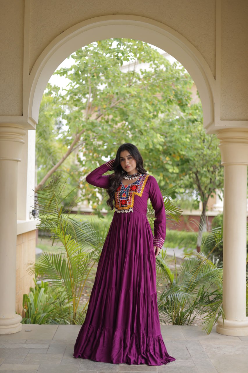 Navratri Reyon Kutchi Embroidered Gown | Tulip Designer
