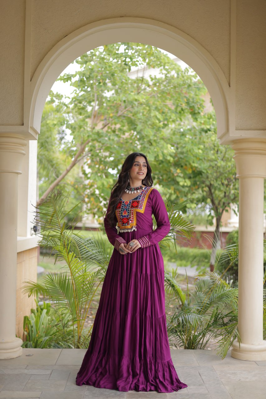 Navratri Reyon Kutchi Embroidered Gown | Tulip Designer
