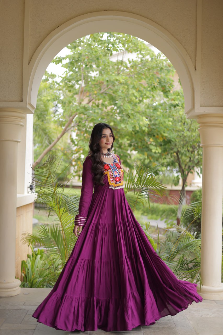 Navratri Reyon Kutchi Embroidered Gown | Tulip Designer
