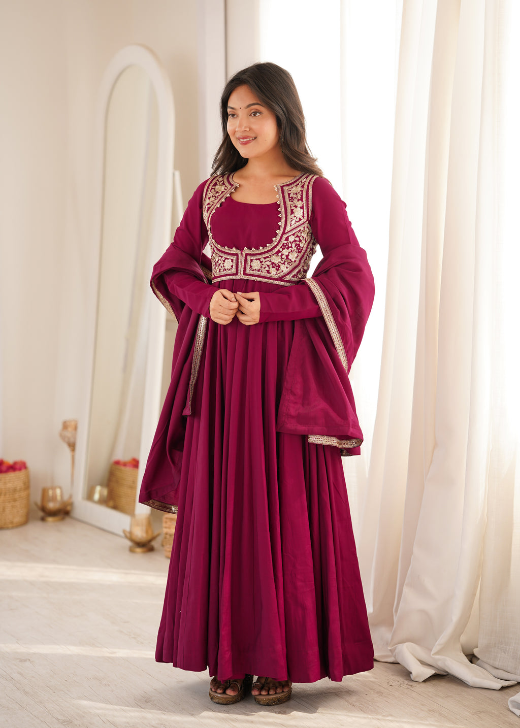 Rani Pink 16 Kali Roman Silk Chanderi Anarkali Gown with Jacket
