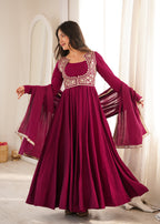 Rani Pink 16 Kali Roman Silk Chanderi Anarkali Gown with Jacket
