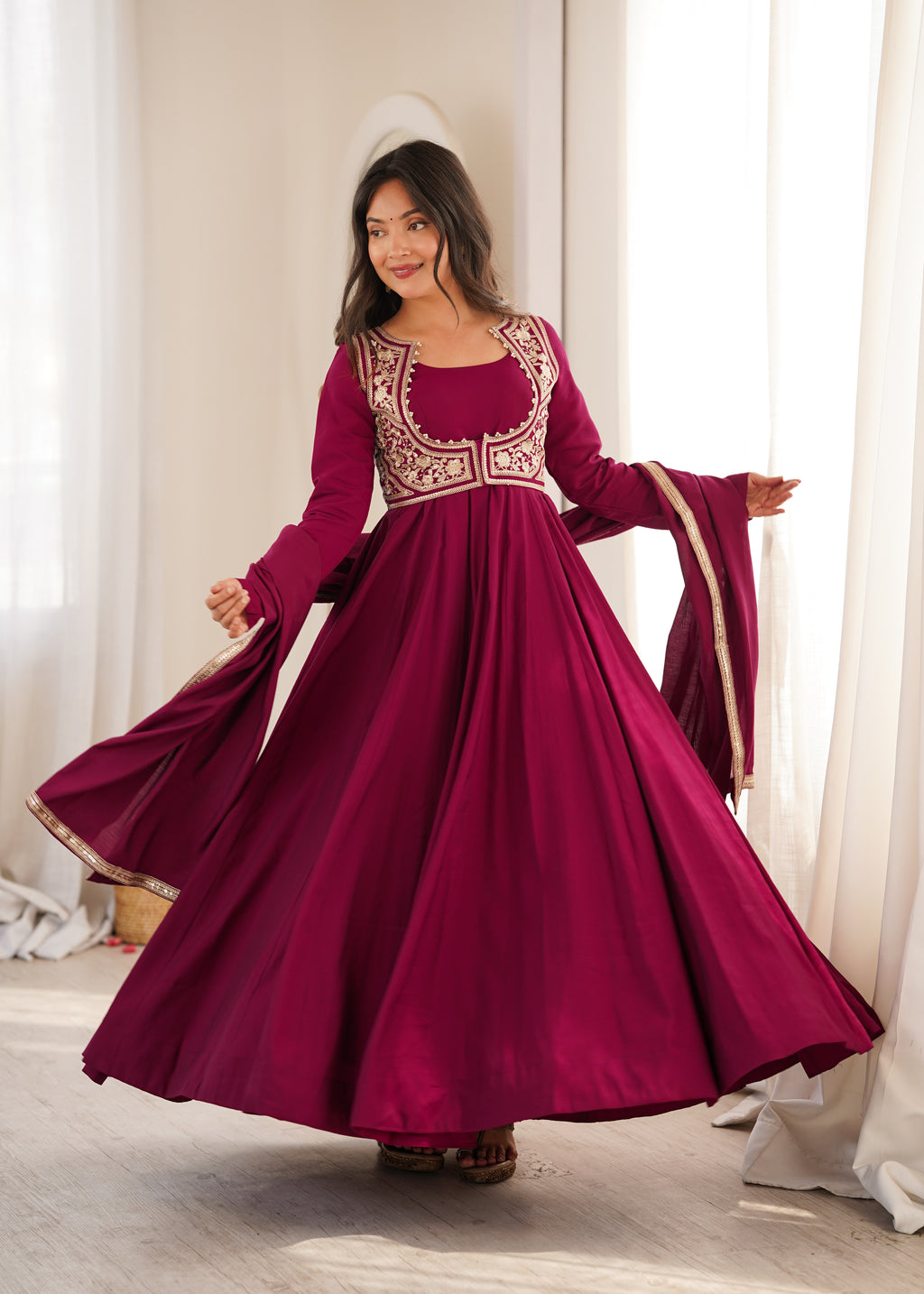 Rani Pink 16 Kali Roman Silk Chanderi Anarkali Gown with Jacket
