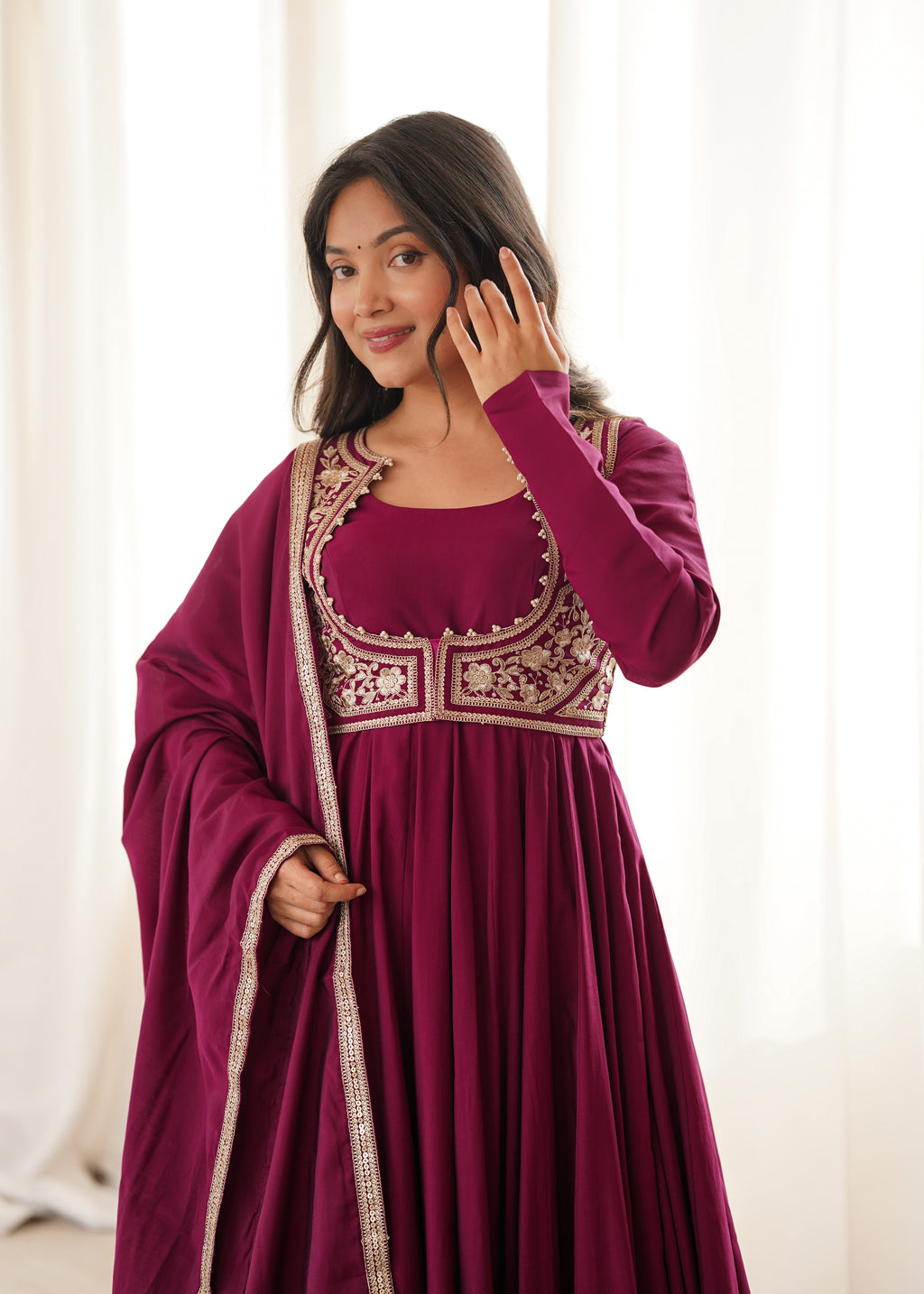 Rani Pink 16 Kali Roman Silk Chanderi Anarkali Gown with Jacket
