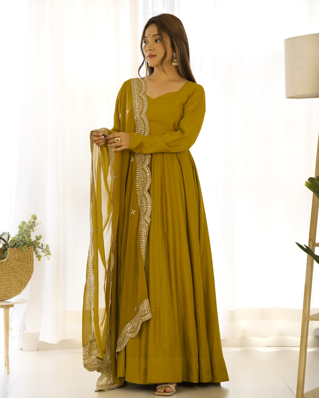 New Premium Quality Pure Romansilk Chanderi Fabric Fully Flair Anarkali With Dupatta Set, Pent Ready To Wear-Musturd
