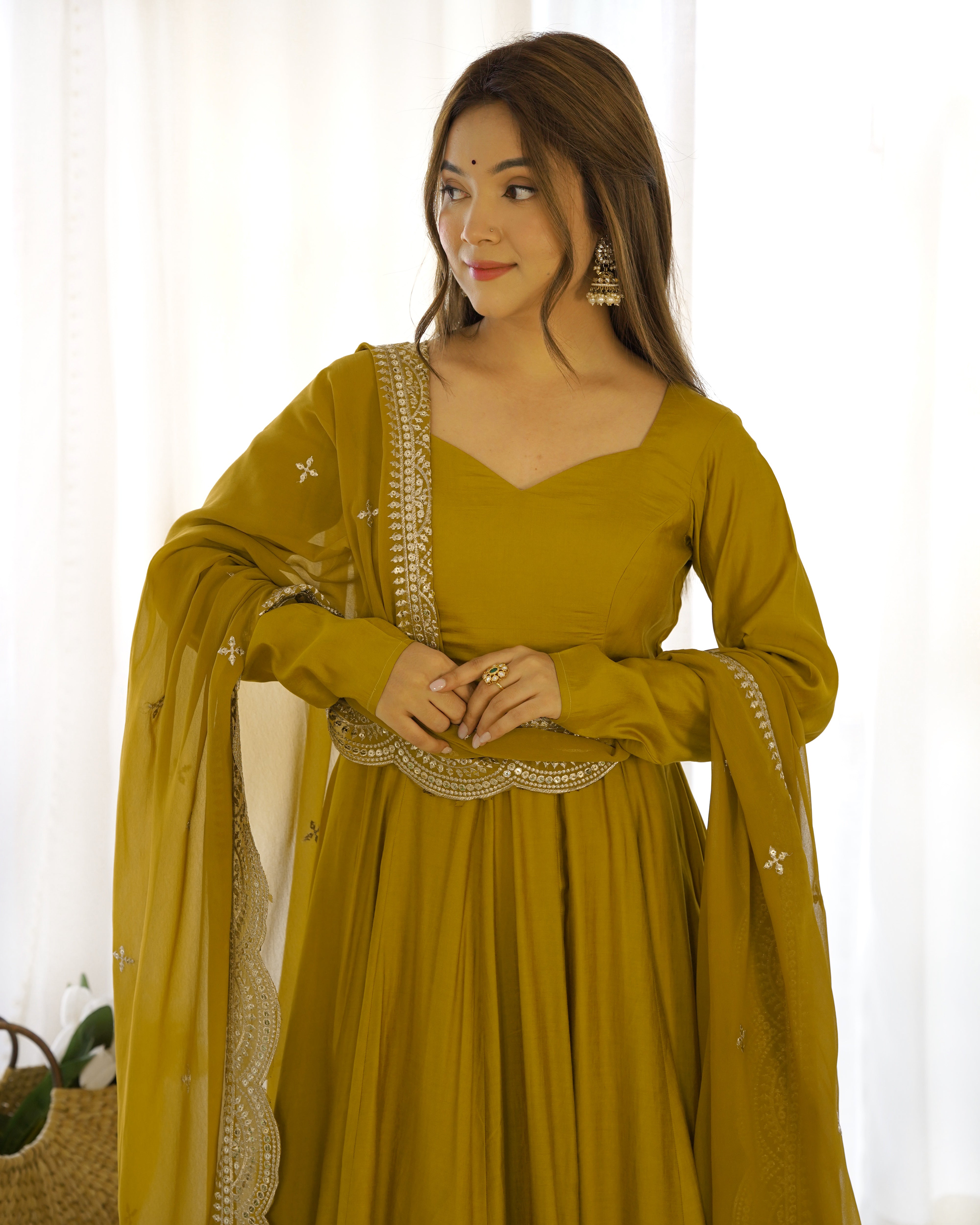 New Premium Quality Pure Romansilk Chanderi Fabric Fully Flair Anarkali With Dupatta Set, Pent Ready To Wear-Musturd