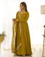 New Premium Quality Pure Romansilk Chanderi Fabric Fully Flair Anarkali With Dupatta Set, Pent Ready To Wear-Musturd