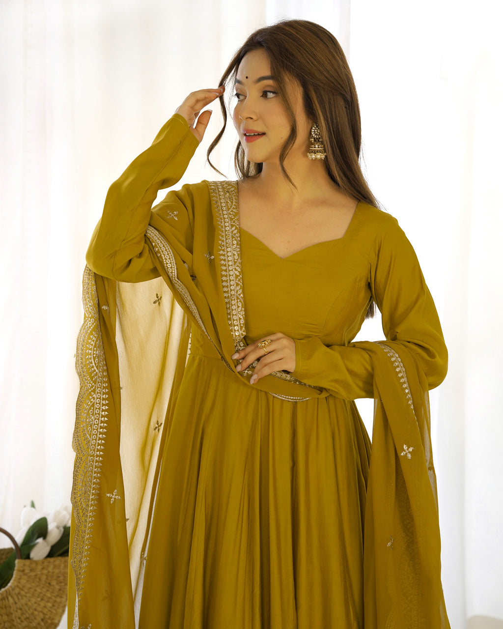 New Premium Quality Pure Romansilk Chanderi Fabric Fully Flair Anarkali With Dupatta Set, Pent Ready To Wear-Musturd