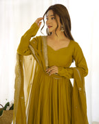 New Premium Quality Pure Romansilk Chanderi Fabric Fully Flair Anarkali With Dupatta Set, Pent Ready To Wear-Musturd
