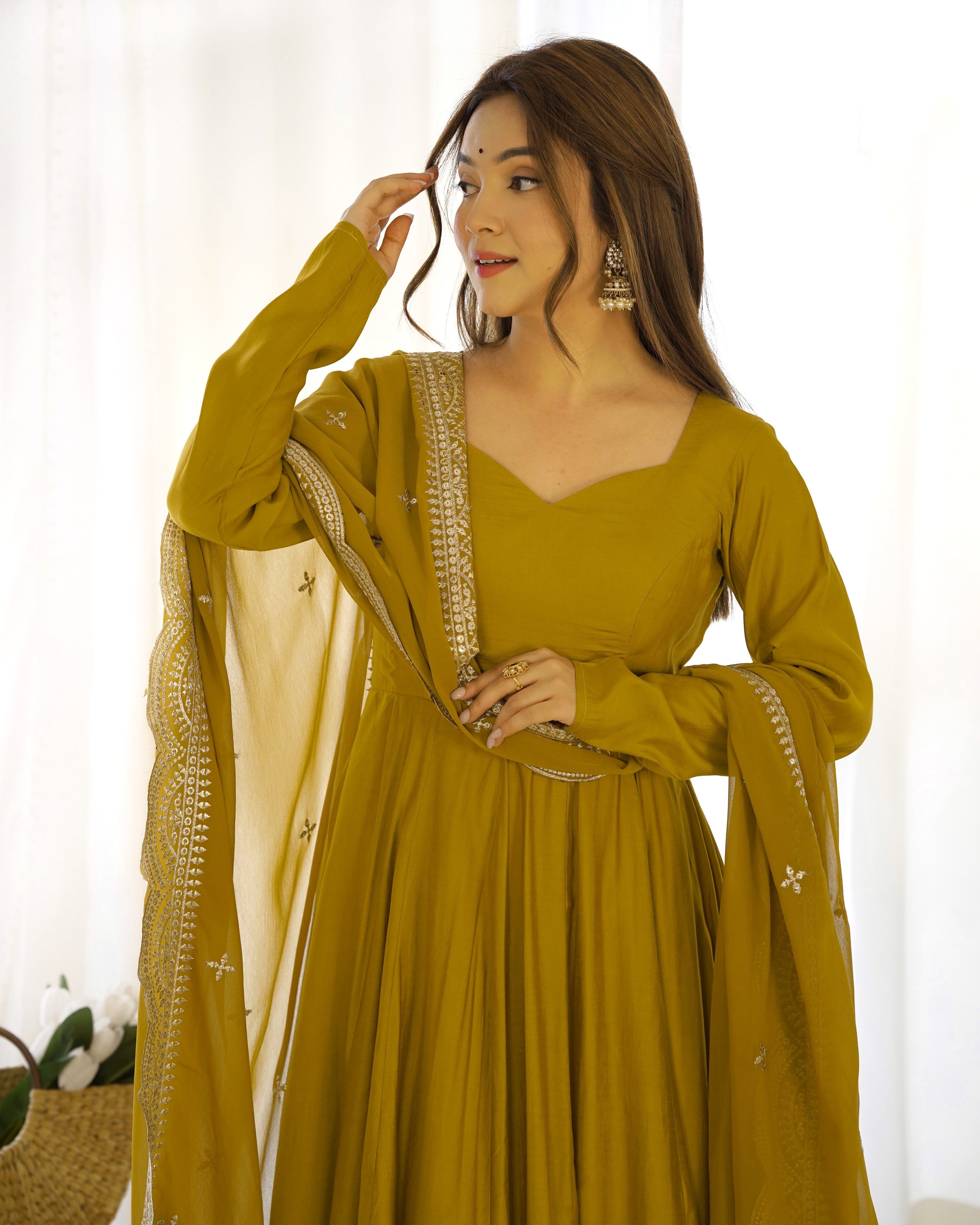New Premium Quality Pure Romansilk Chanderi Fabric Fully Flair Anarkali With Dupatta Set, Pent Ready To Wear-Musturd