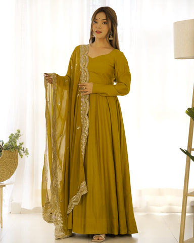 New Premium Quality Pure Romansilk Chanderi Fabric Fully Flair Anarkali With Dupatta Set, Pent Ready To Wear-Musturd