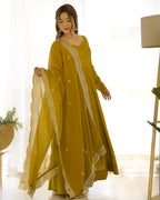 New Premium Quality Pure Romansilk Chanderi Fabric Fully Flair Anarkali With Dupatta Set, Pent Ready To Wear-Musturd