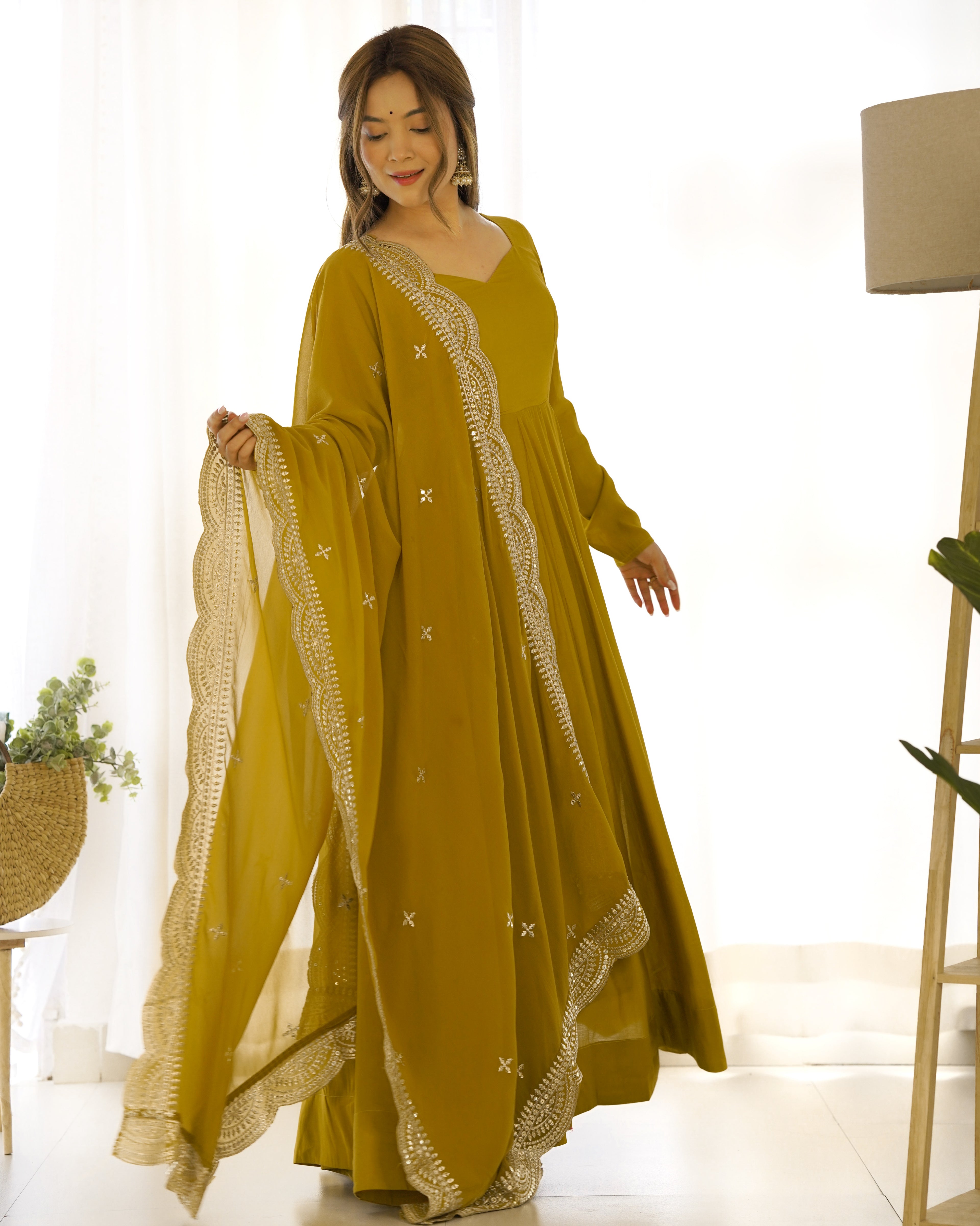 New Premium Quality Pure Romansilk Chanderi Fabric Fully Flair Anarkali With Dupatta Set, Pent Ready To Wear-Musturd