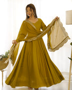 New Premium Quality Pure Romansilk Chanderi Fabric Fully Flair Anarkali With Dupatta Set, Pent Ready To Wear-Musturd