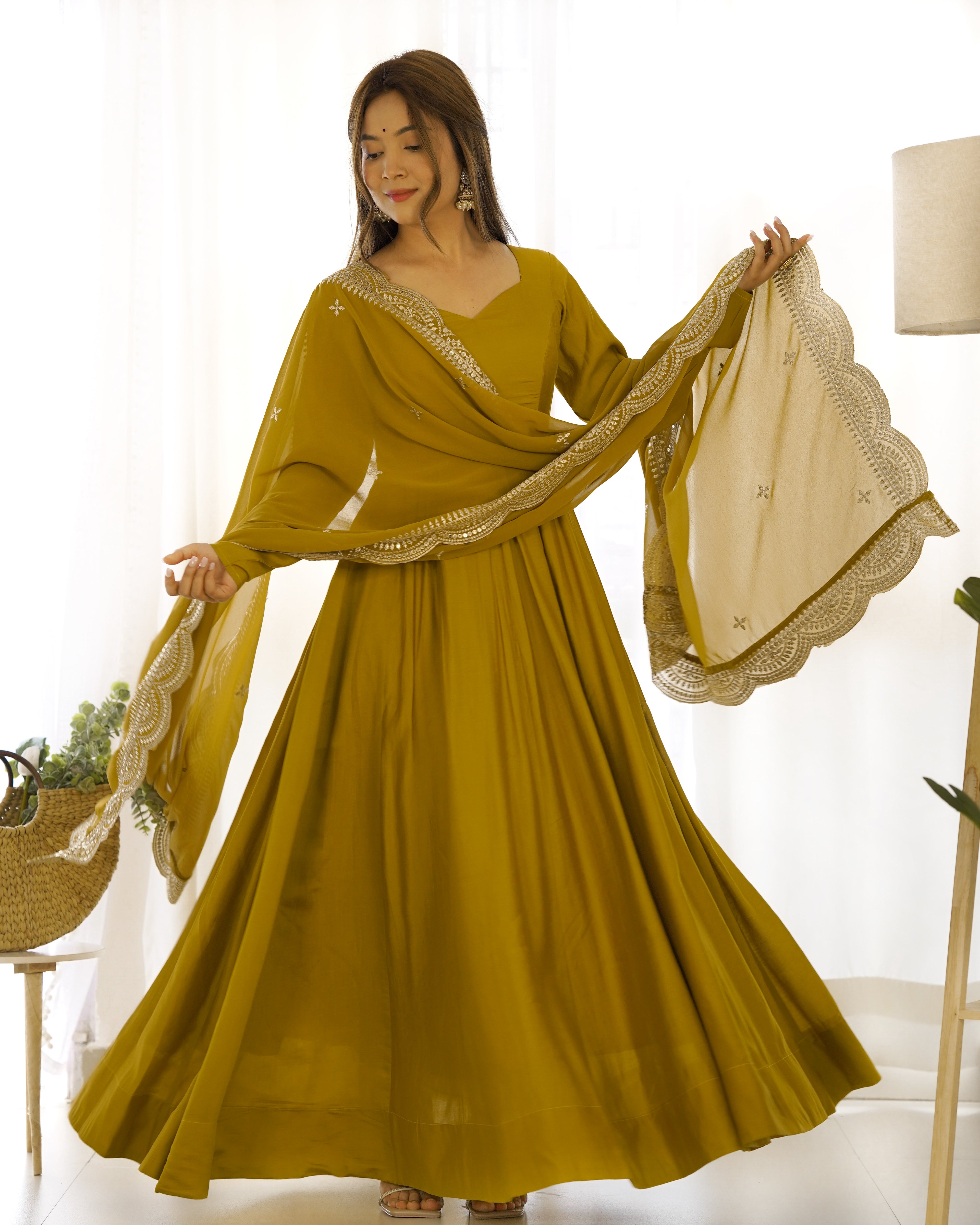 New Premium Quality Pure Romansilk Chanderi Fabric Fully Flair Anarkali With Dupatta Set, Pent Ready To Wear-Musturd