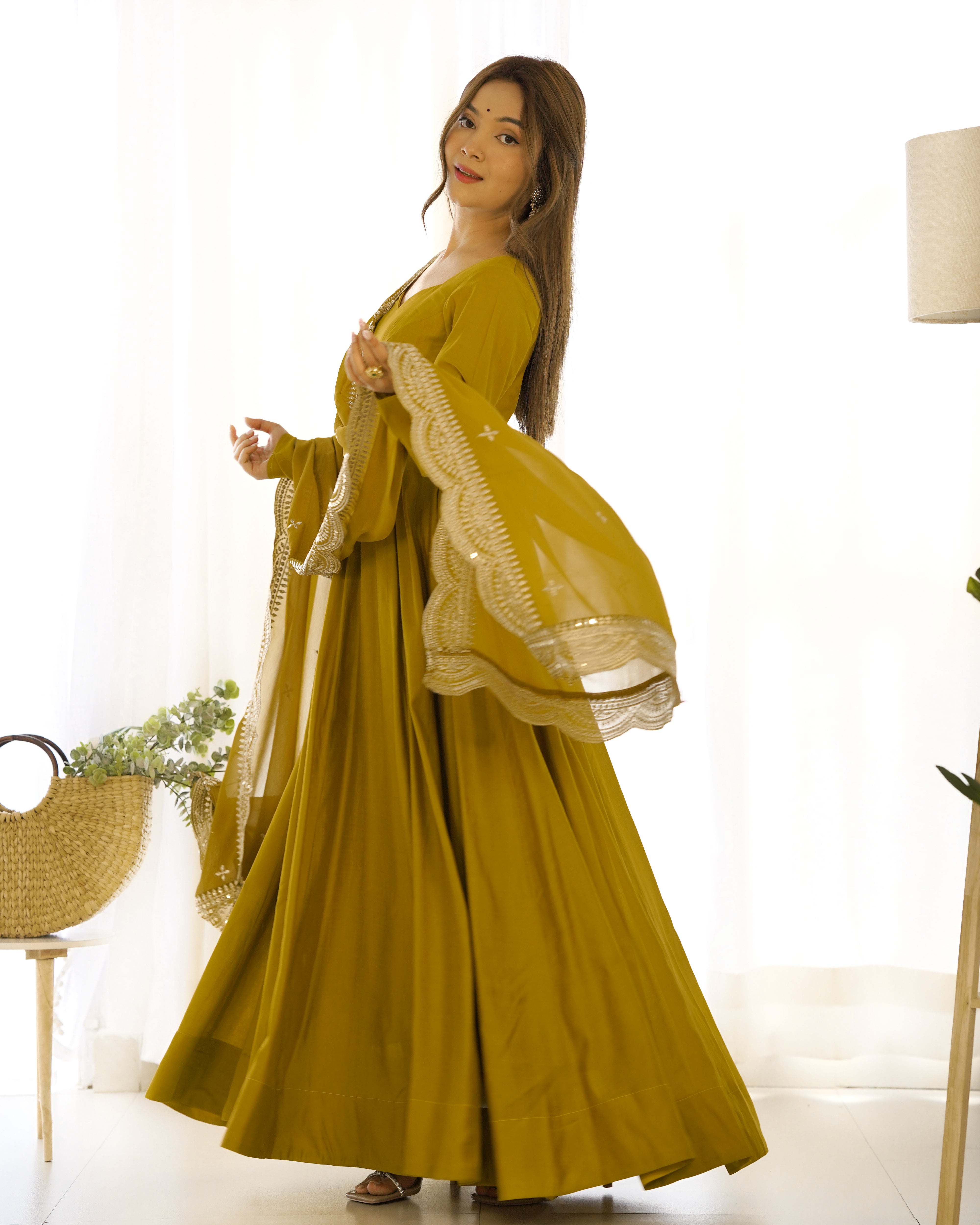 New Premium Quality Pure Romansilk Chanderi Fabric Fully Flair Anarkali With Dupatta Set, Pent Ready To Wear-Musturd
