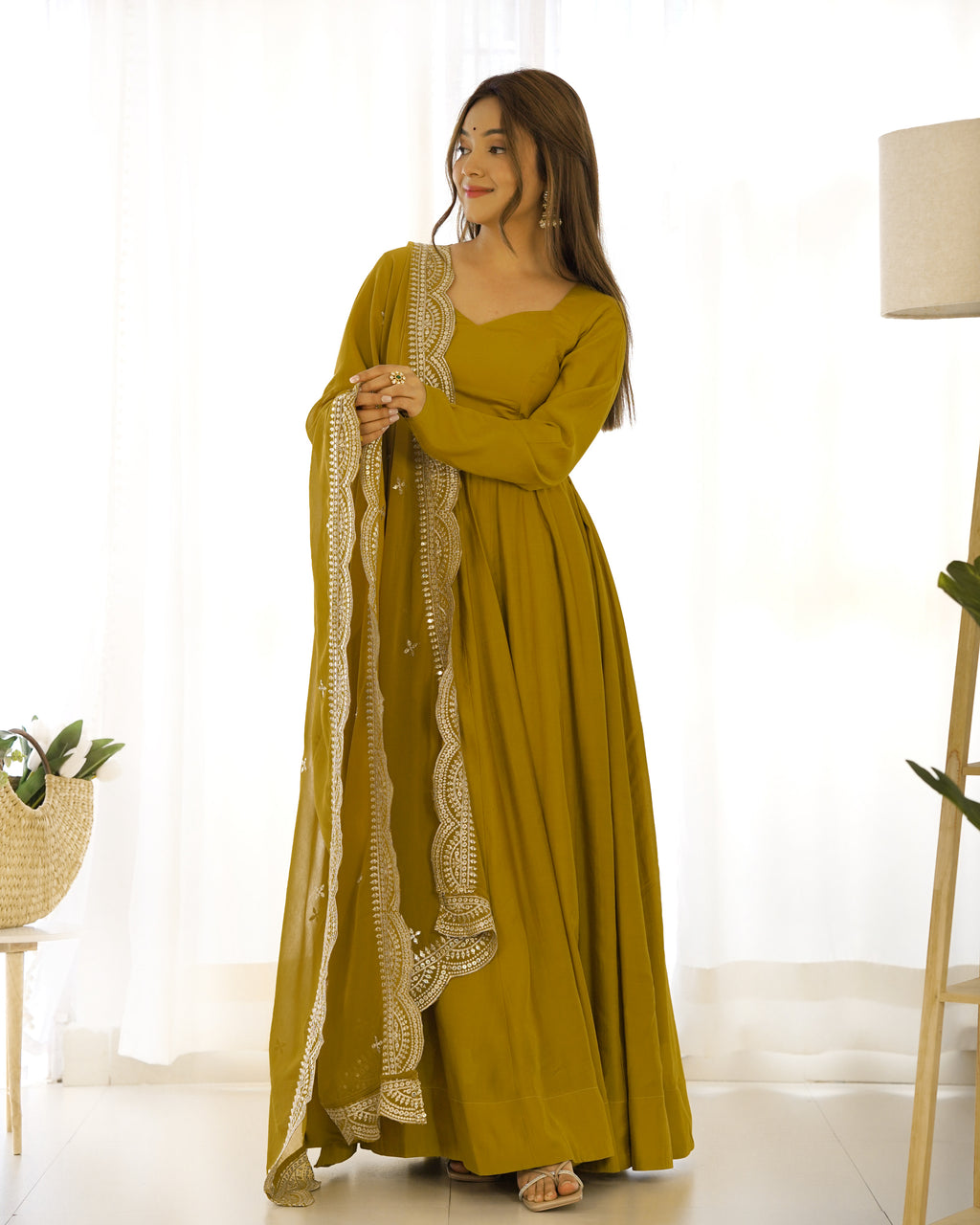 New Premium Quality Pure Romansilk Chanderi Fabric Fully Flair Anarkali With Dupatta Set, Pent Ready To Wear-Musturd
