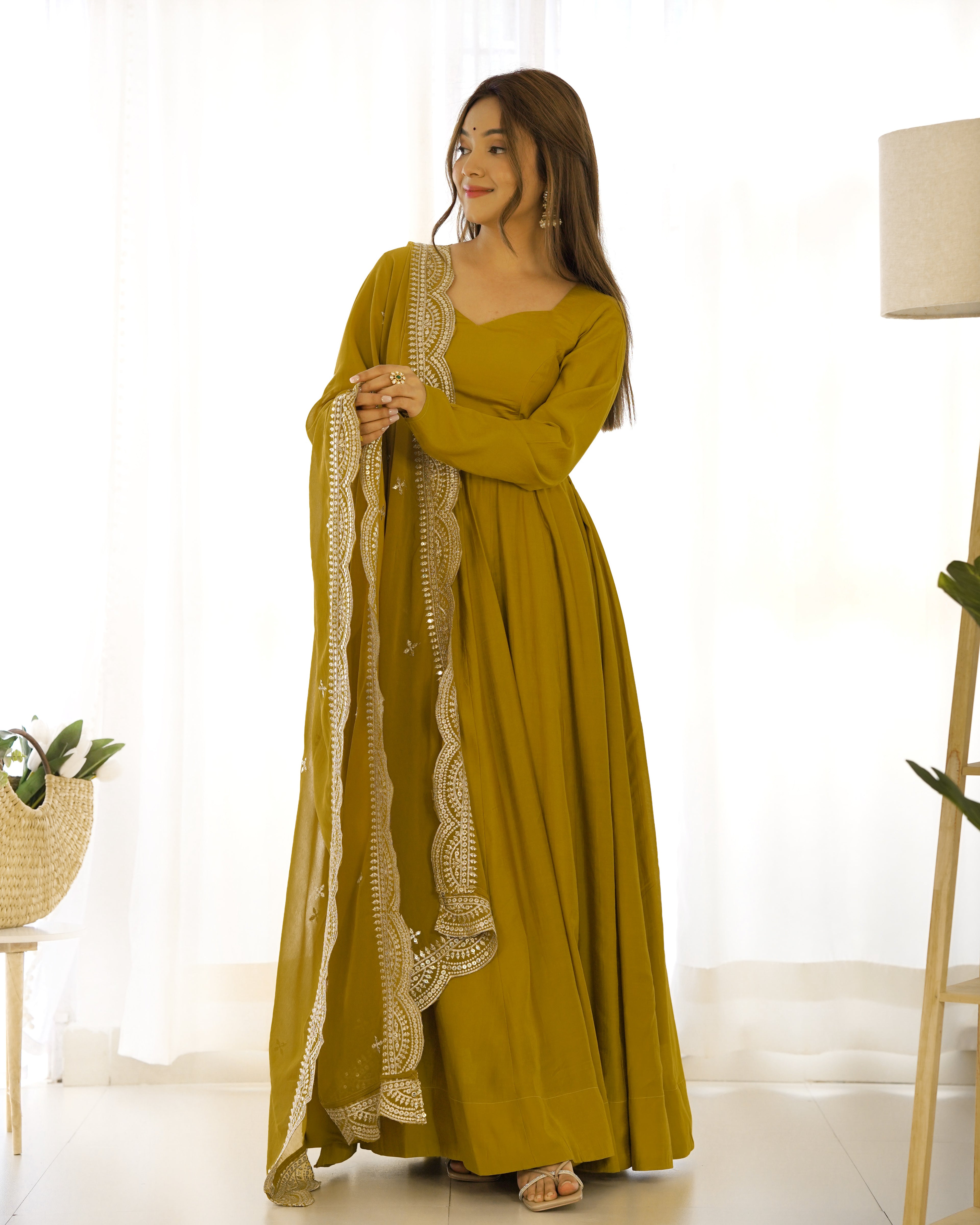 New Premium Quality Pure Romansilk Chanderi Fabric Fully Flair Anarkali With Dupatta Set, Pent Ready To Wear-Musturd

