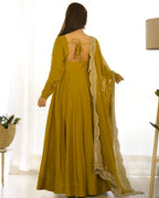 New Premium Quality Pure Romansilk Chanderi Fabric Fully Flair Anarkali With Dupatta Set, Pent Ready To Wear-Musturd
