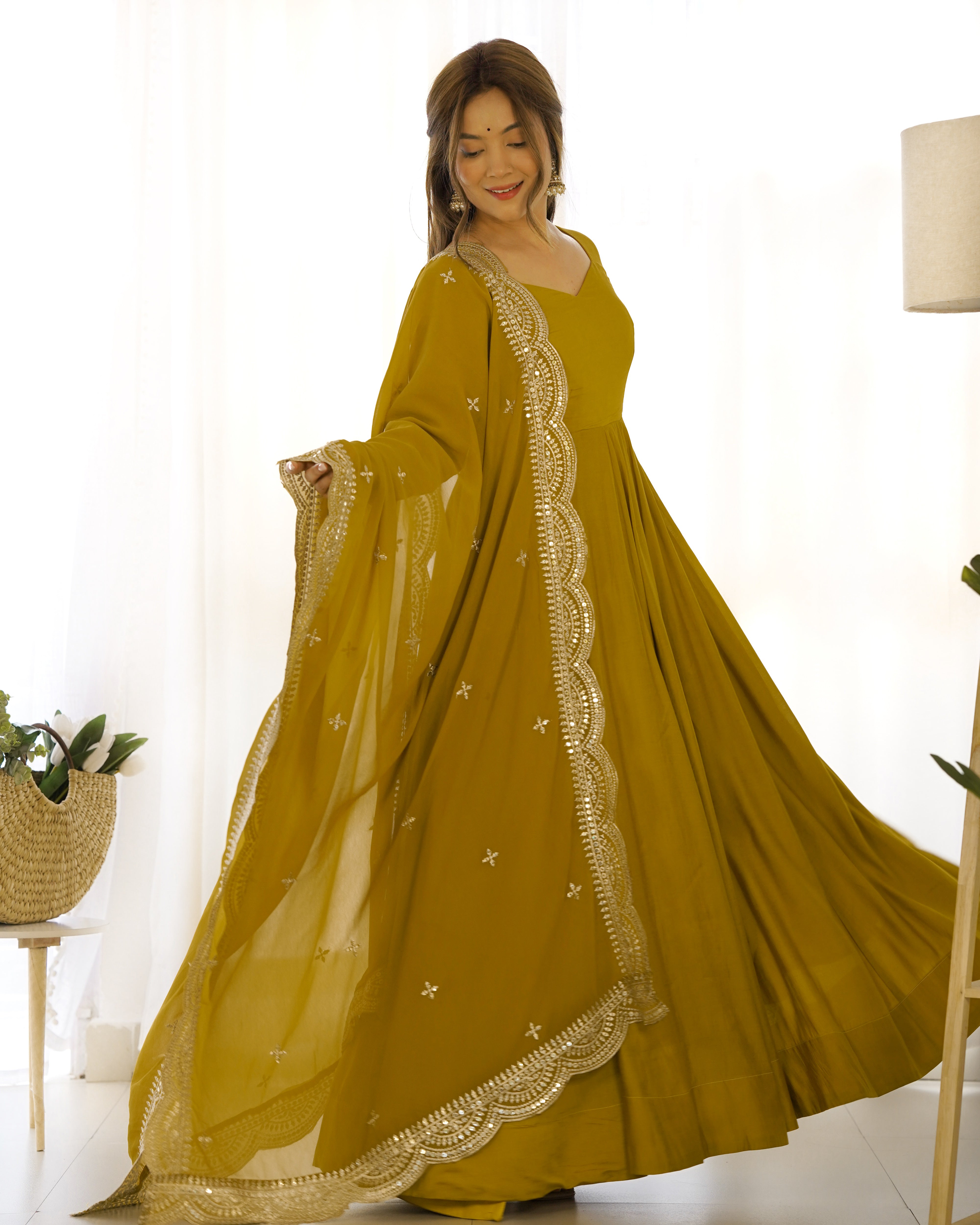 New Premium Quality Pure Romansilk Chanderi Fabric Fully Flair Anarkali With Dupatta Set, Pent Ready To Wear-Musturd