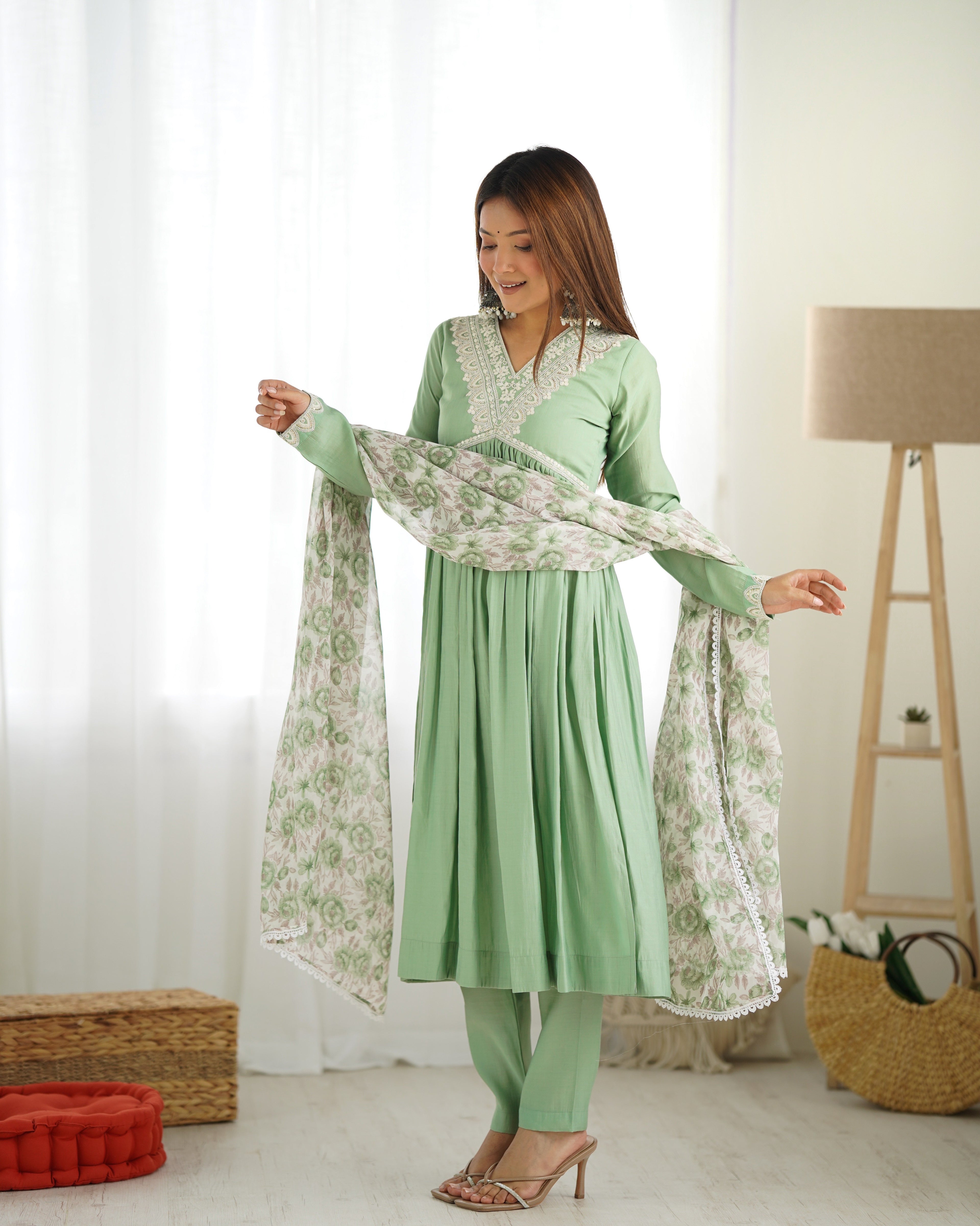 Soft Heavy Romansilk Chanderi Fabric Nyra Cut Kurta With Dupatta Set With Pent
