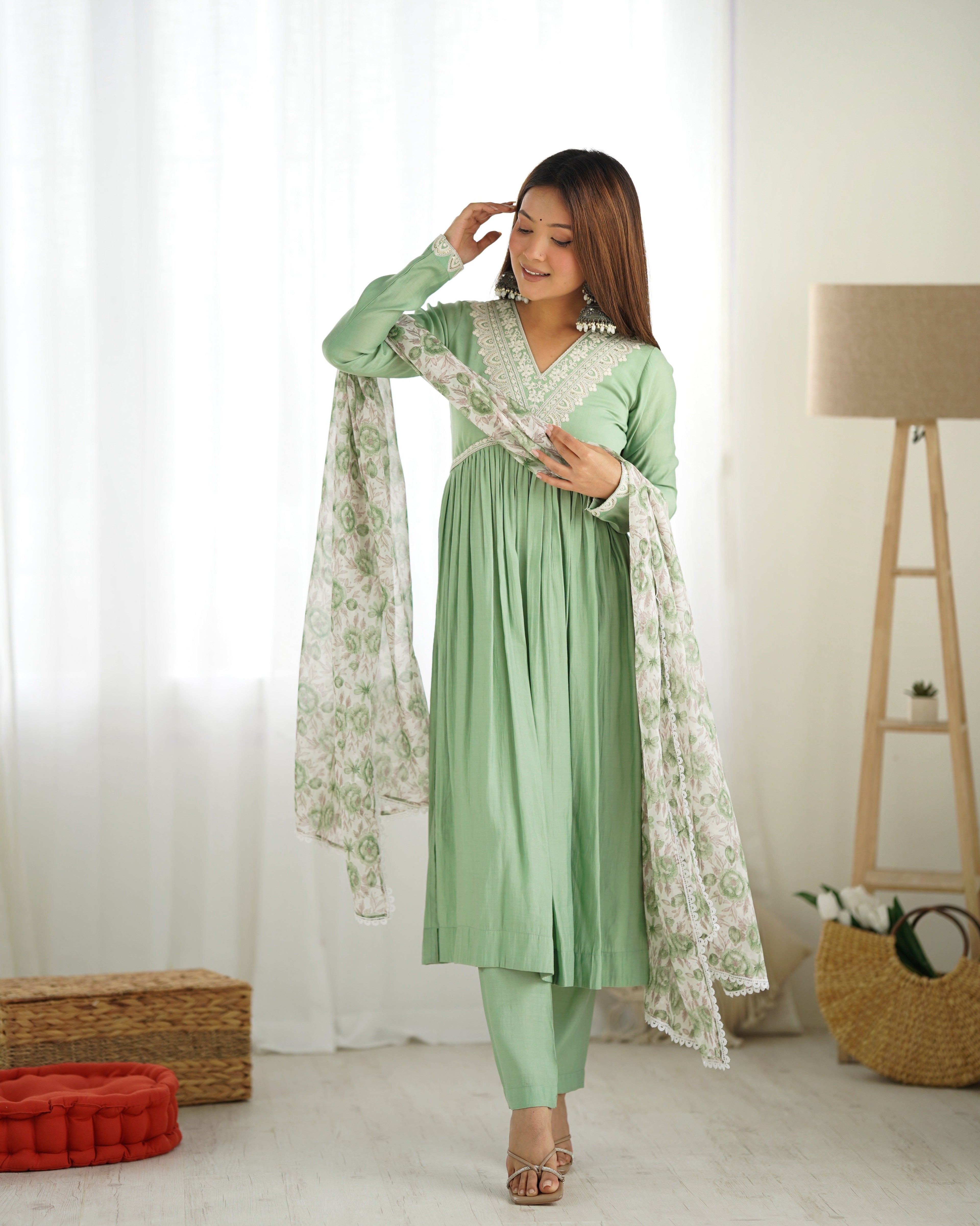 Soft Heavy Romansilk Chanderi Fabric Nyra Cut Kurta With Dupatta Set With Pent
