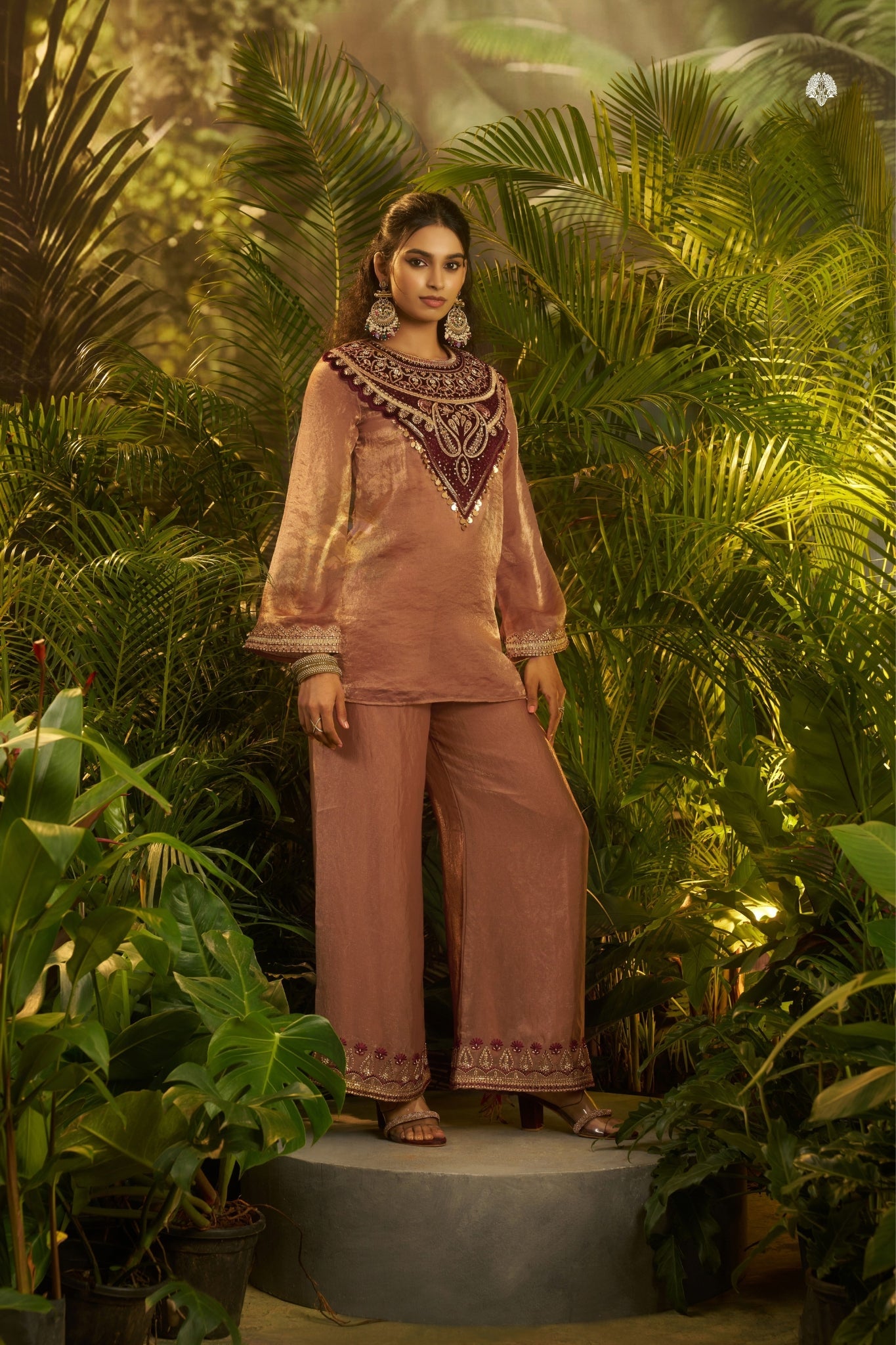 Rose Gold Fendi Co Ord Set With Velvet Patch And Sequins Detailing